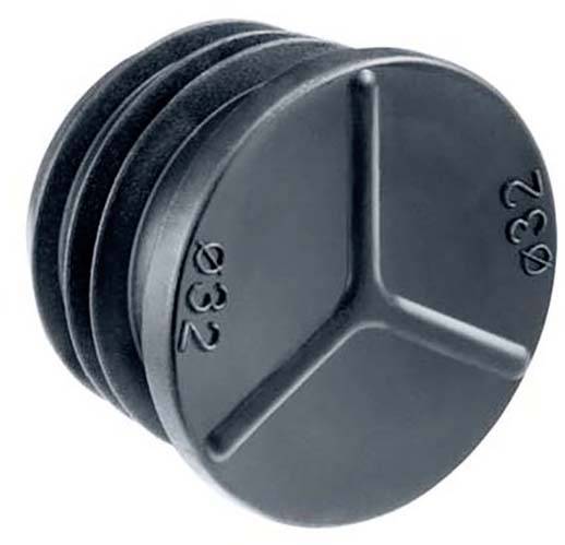 Bouchon en plastique noir, rond, avec trois rainures sur le côté et le numéro '032' imprimé.