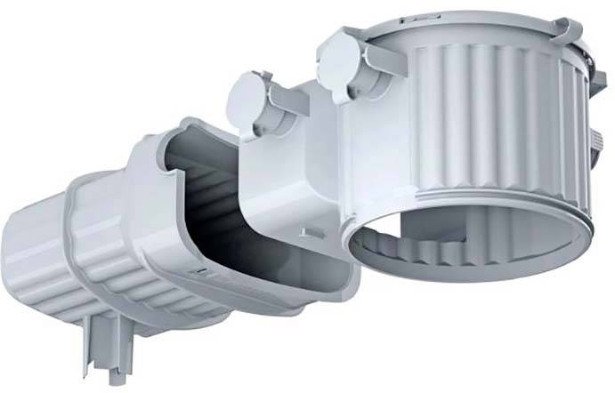 Goulotte de câbles en plastique avec couvercle amovible et ouverture ronde, adaptée au routage et à l'organisation sécurisés des câbles.
