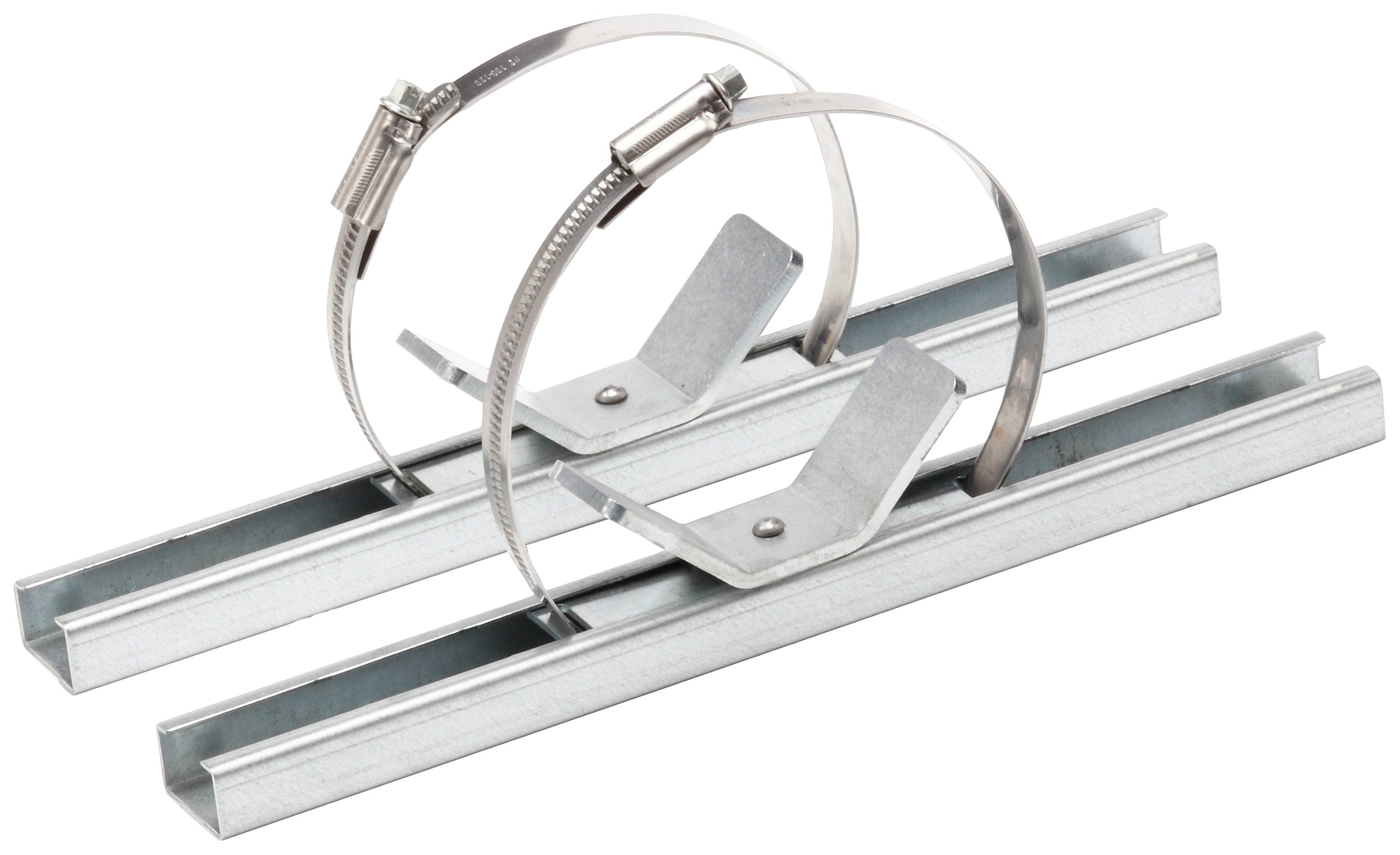Deux supports munis de bandes métalliques et de rails, probablement destinés à être fixés sur des murs, des plafonds ou d'autres surfaces.