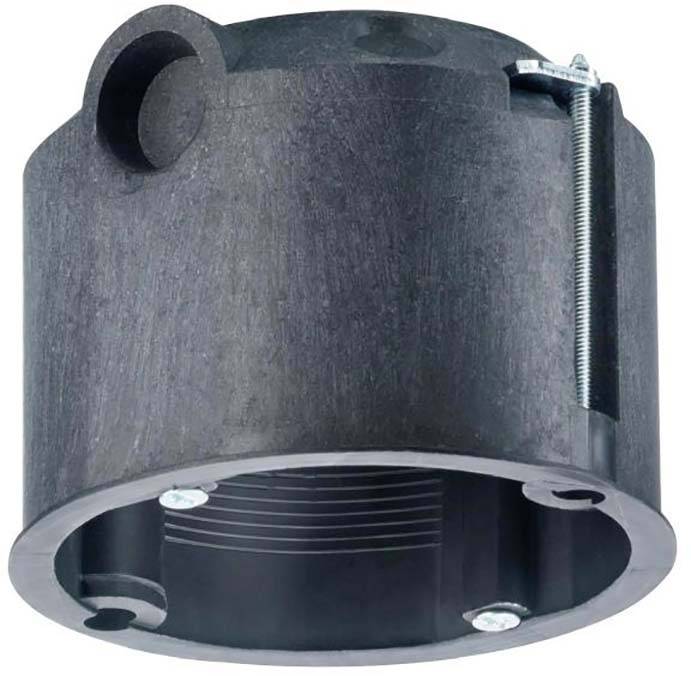Une boîte de dérivation ronde noire en plastique, montée au plafond, dotée de plusieurs entrées de câbles et d'un serre-câble métallique pour la fixation.