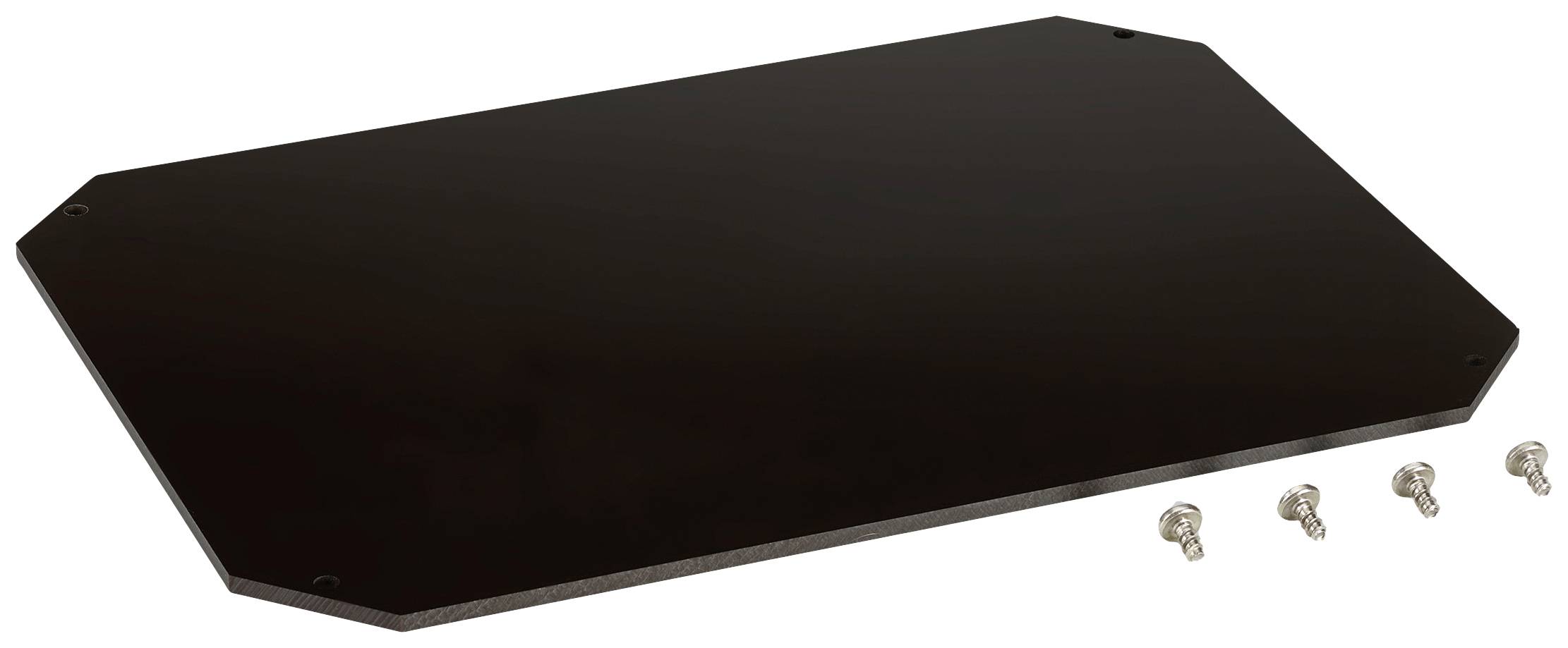 Une plaque noire rectangulaire aux coins biseautés est posée à côté de quatre petites vis sur un fond blanc.