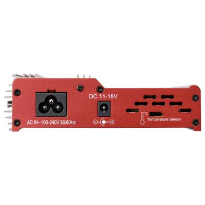 Appareil électronique rouge vu de dos avec connexion d'alimentation, indication de plage de tension 'AC IN : 100-240V 50/60Hz', connexion DC 'DC 11-18V' et connexion du capteur de température.