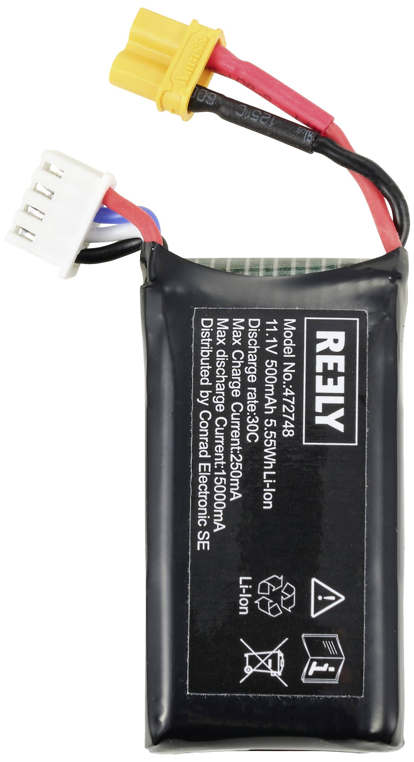 Une batterie Li-Ion noire avec l'étiquette 'RELY', modèle n° 427248, 11,1V, 55,5Wh. Deux câbles et un connecteur plastique sont visibles.