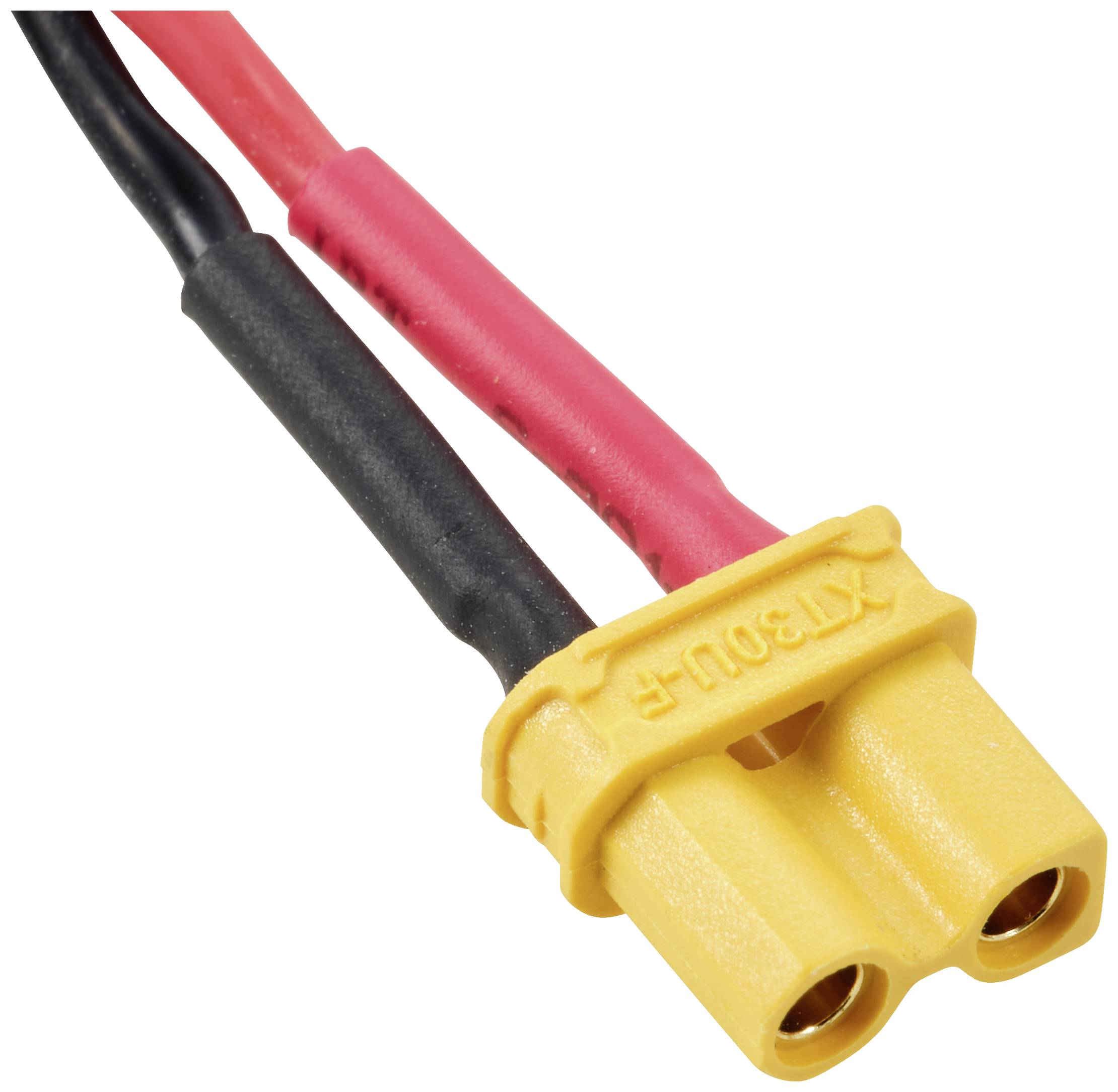 Un connecteur XT30 jaune avec deux câbles dénudés, l'un en noir et l'autre en rouge, est visible. Le connecteur dispose de deux points de connexion.