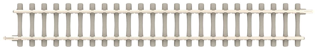 Un simple morceau de voie en bois représentant des traverses et des rails parallèles, utilisé pour les réseaux de trains miniatures.