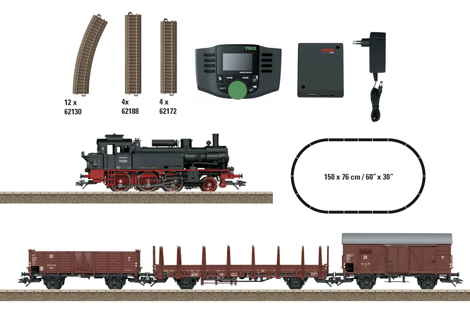 Ensemble de train à vapeur comprenant une locomotive à vapeur, trois wagons de marchandises, six pièces de voie ferrée, une unité de commande et un manuel d'instructions. Inclut un plan de parcours de 150 x 76 cm.