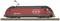 Un modèle rouge d'une locomotive suisse portant l'inscription 'SBB CFF FFS', posé sur une section de voie ferrée.