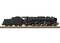 Un modèle noir d'une locomotive à vapeur sur des rails, vue de côté. Des éléments détaillés comme les roues et les tampons sont visibles.