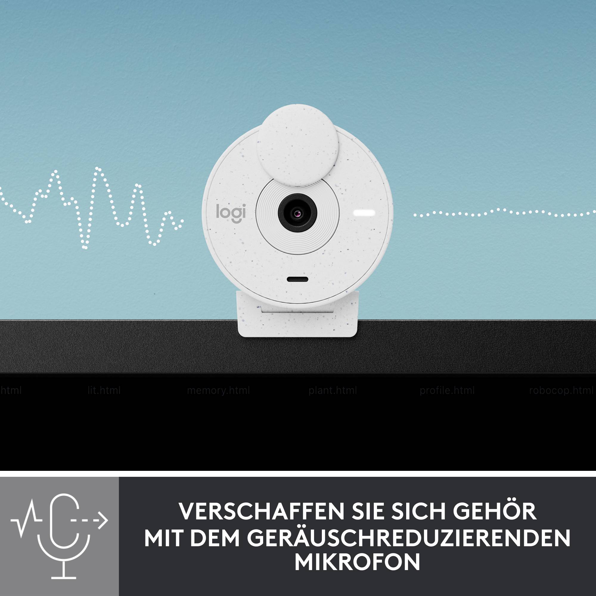 Petite caméra blanche devant un fond bleu avec des ondes sonores. En bas, il est écrit : 'Faites-vous entendre grâce au microphone à réduction de bruit.'
