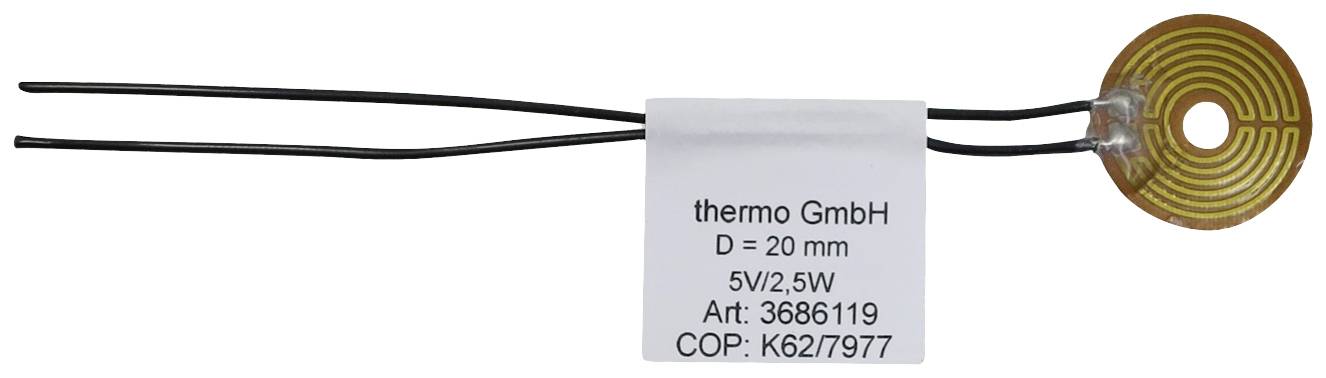 Capteur de température avec des éléments circulaires dorés et deux fils noirs, étiqueté 'thermo GmbH'.