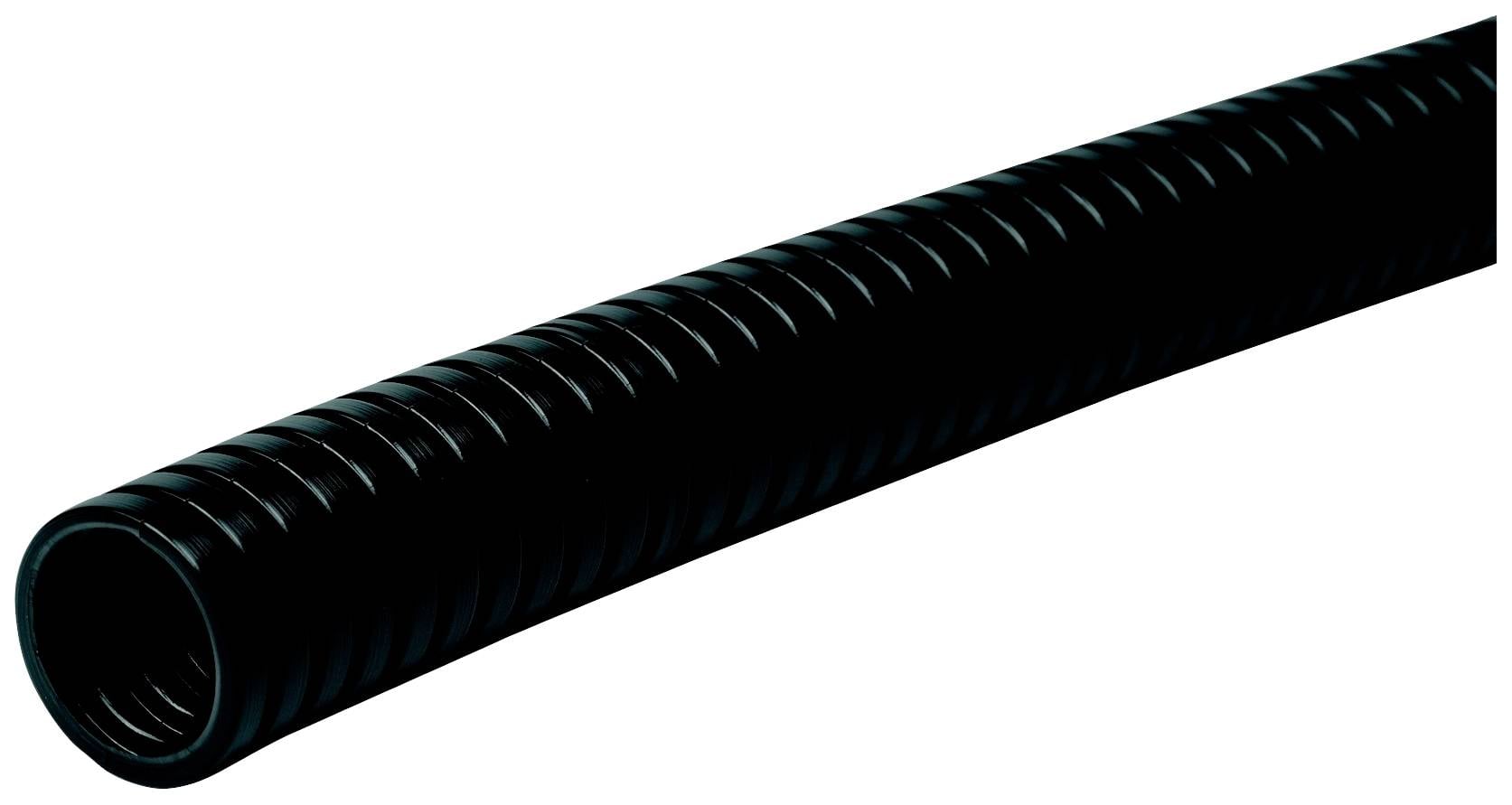 Un tuyau noir cannelé, souvent utilisé pour la protection des câbles et comme gaine de protection pour les conduites.