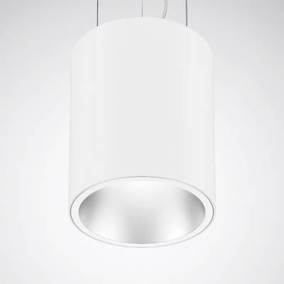 Une lampe suspendue moderne, cylindrique et blanche devant un arrière-plan neutre.