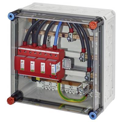 Un boîtier électrique de distribution avec un couvercle transparent, montrant des fusibles rouges et des connexions de câbles.