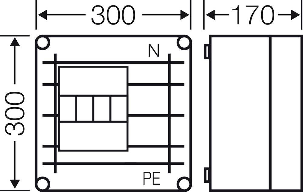 Dessin technique d'un boîtier électrique de commande aux dimensions 300 x 170 mm. Vue de face et de côté avec bornes N et PE.