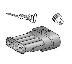 Montre un dessin technique d'un connecteur électrique comprenant plusieurs composants, notamment le boîtier de connexion et les contacts.