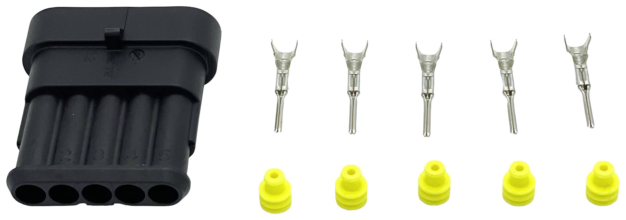 Un connecteur noir à 6 broches à côté de six broches métalliques et six joints d'étanchéité en caoutchouc jaunes, utilisés pour le câblage.