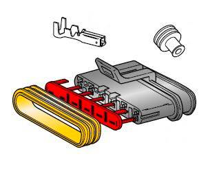 Vue éclatée d'un connecteur électrique avec boîtier, fiches et contacts dans différentes couleurs pour illustrer l'assemblage.