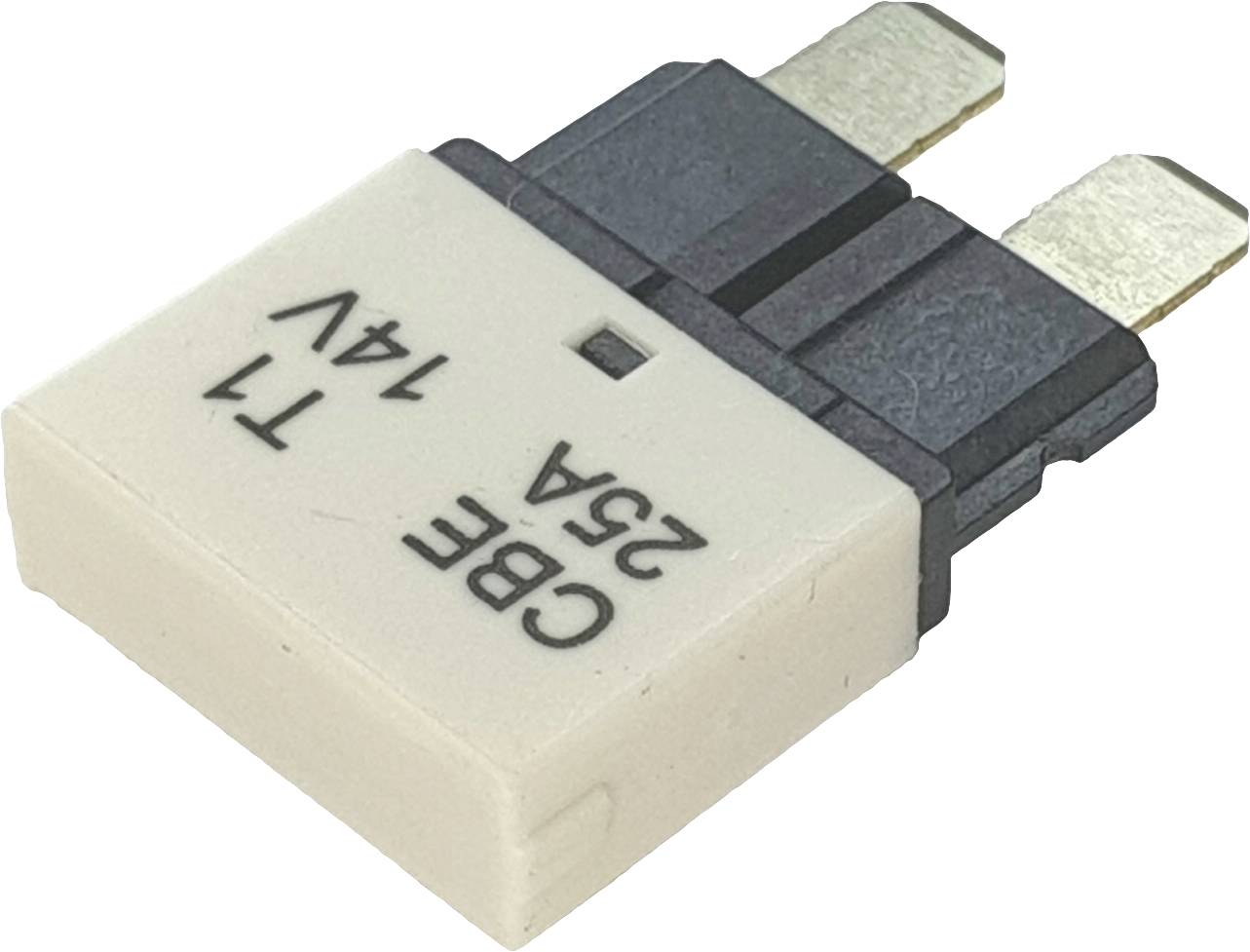 Un composant électrique blanc carré avec deux bornes métalliques, portant l'inscription 'CBE 25A 14V T1'.