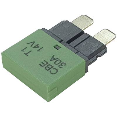 Fusible électrique vert portant l'inscription 'CBE 30A 14V'.