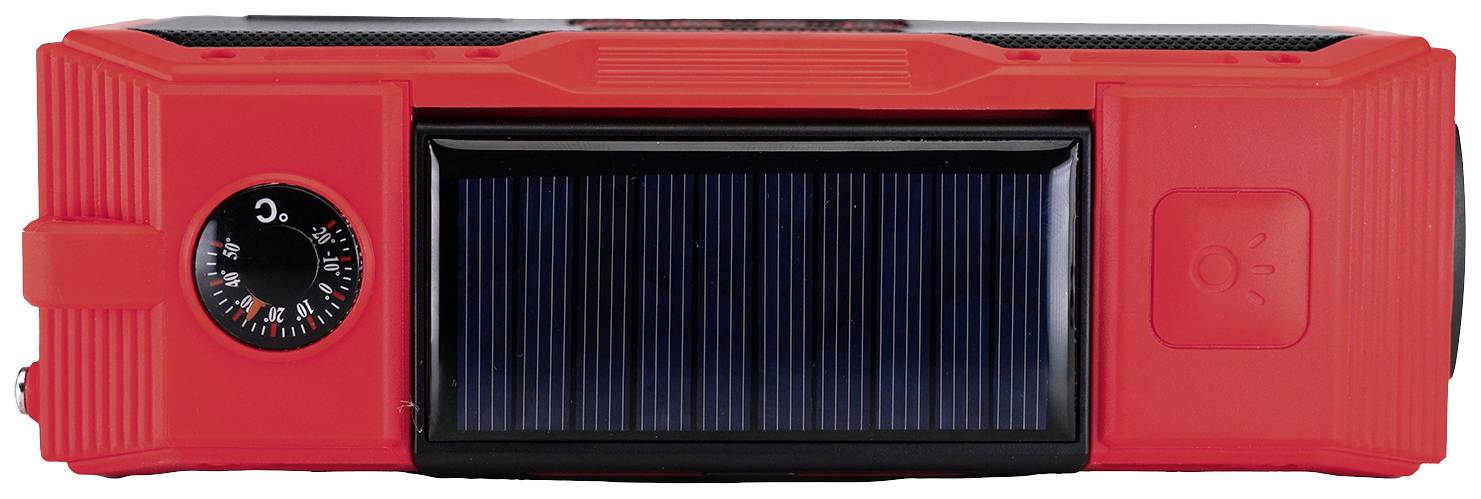 Radio solaire portable rouge avec boussole intégrée et lampe de secours.