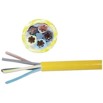 Une coupe transversale d'un câble jaune montre cinq fils de cuivre isolés de différentes couleurs.