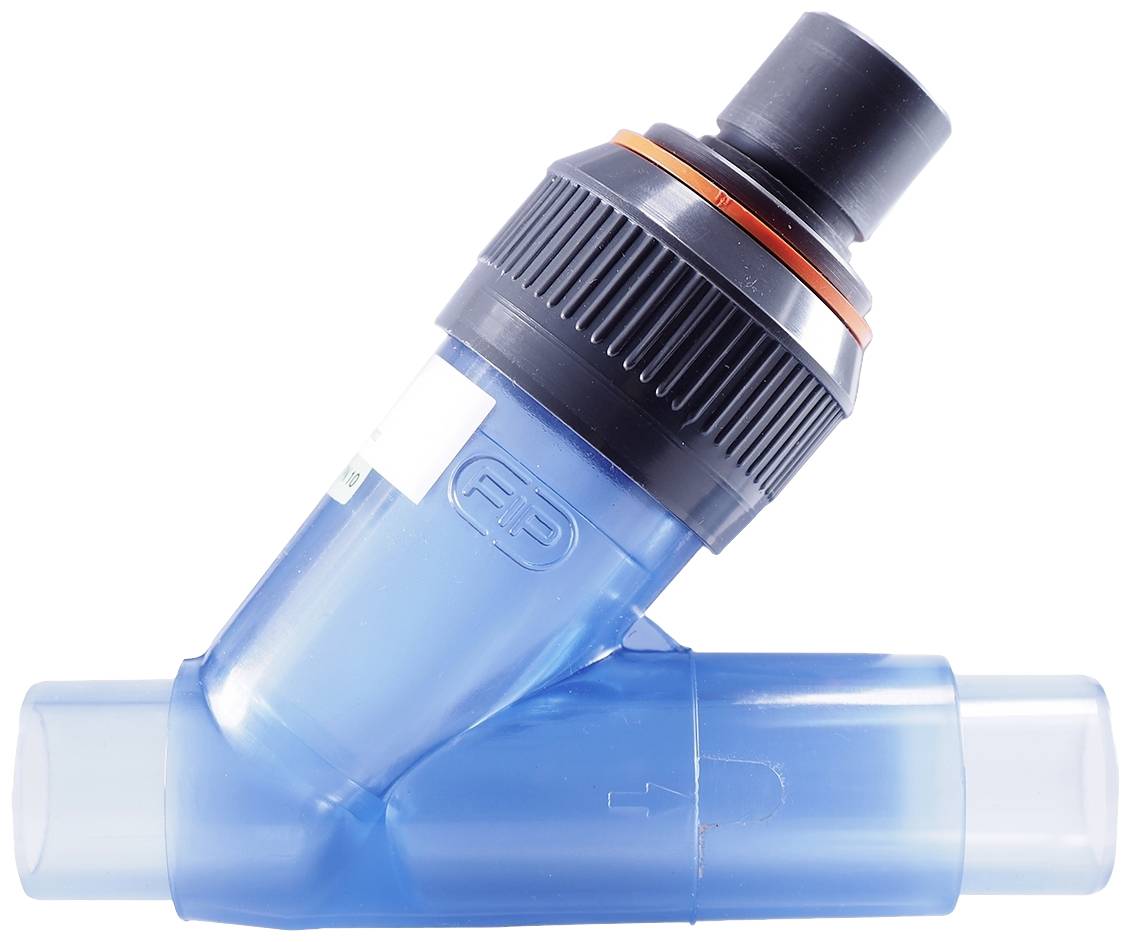 Valve en plastique bleu avec bouton de réglage noir et anneau orange. Relie deux tuyaux latéraux.