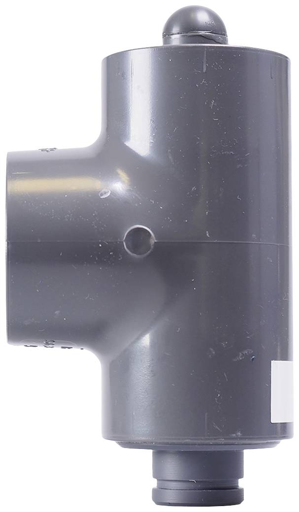 Vanne en plastique grise, représentée latéralement, avec un boîtier cylindrique et un raccordement en bas.