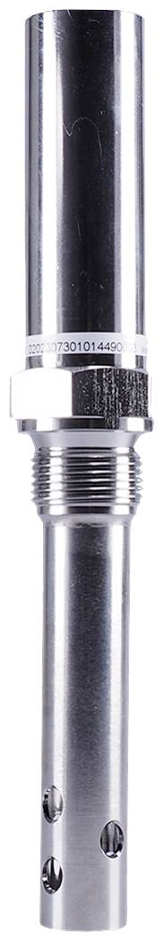 Une pièce métallique cylindrique en argent avec un filetage et des trous à l'extrémité inférieure. Probablement utilisée dans des applications techniques.