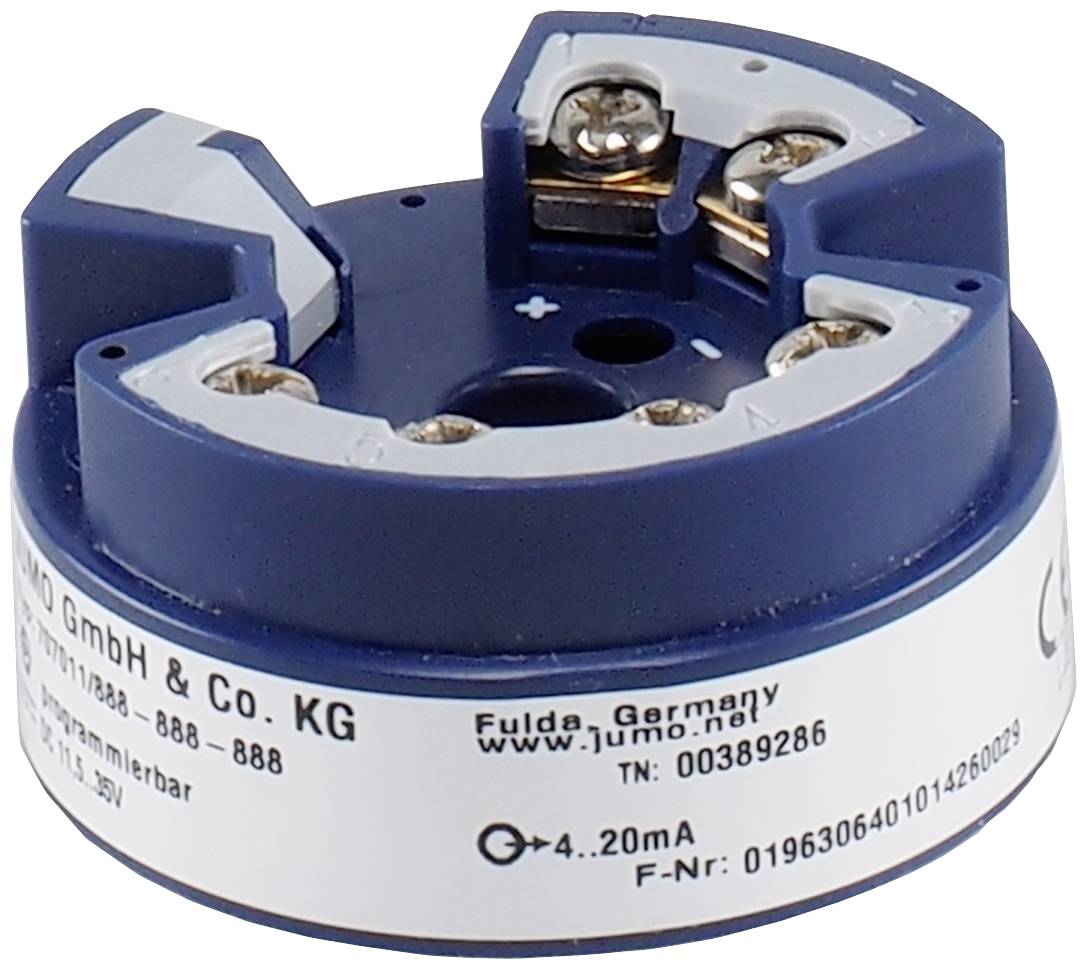 Un capteur de température industriel bleu de l'entreprise JUMO avec des inscriptions et des bornes de connexion blanches, numéro de modèle 00389286.