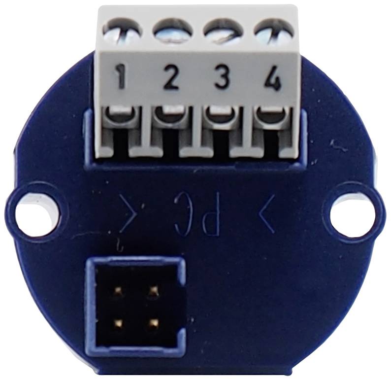 Une fiche bleue ronde avec quatre bornes numérotées (1-4) en haut et une connexion quadripolaire en bas. Adaptée pour les connexions électroniques.