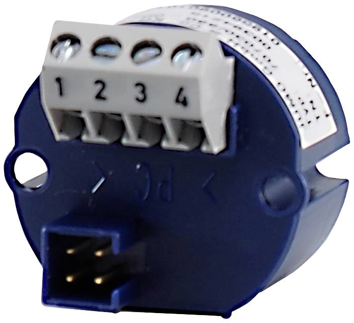 Un connecteur électrique bleu avec quatre points de connexion numérotés (1-4) et une connexion supplémentaire à baïonnette en bas.