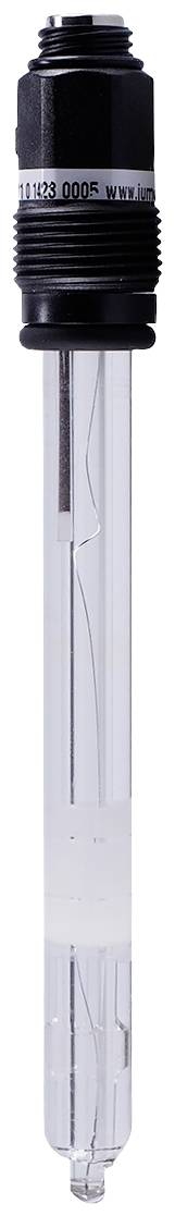 Électrode de verre pour mesures de pH avec tige longue et transparente et poignée noire striée, adaptée aux applications de laboratoire.