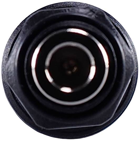 'Gros plan d'un connecteur rond noir avec des cercles concentriques et des contacts métalliques au centre.'