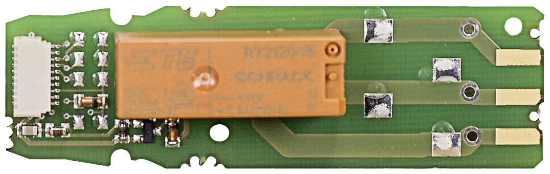 Une carte électronique verte avec un relais orange et plusieurs contacts métalliques.