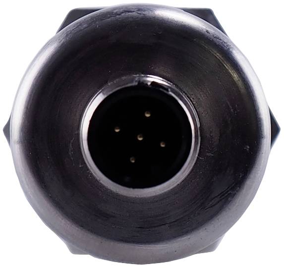 Gros plan sur un connecteur circulaire noir avec plusieurs broches métalliques à l'intérieur.