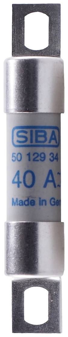 Un fusible SIBA portant l'inscription '40 A' et 'Made in Germany', de forme cylindrique, avec des capuchons argentés aux deux extrémités.