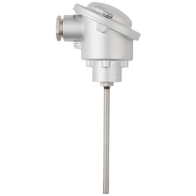 Un thermocouple industriel en argent avec protège-tête et sonde, utilisé pour la mesure de température dans des applications techniques.