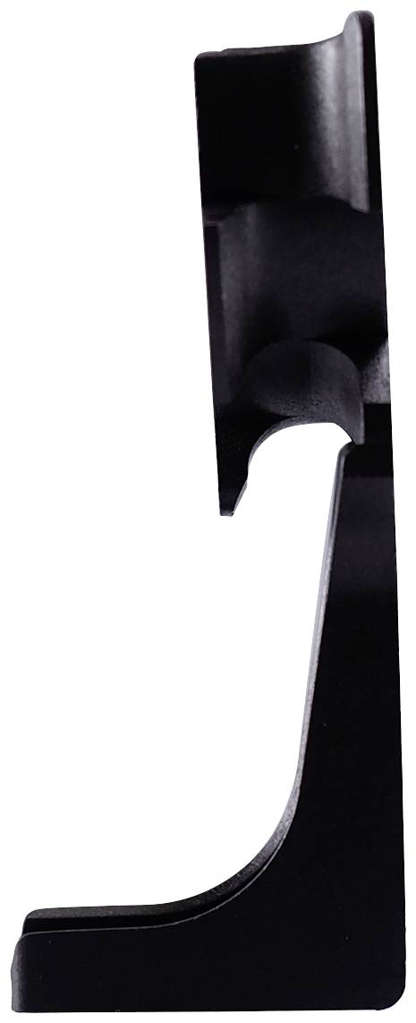 Pièce en plastique noir avec un profil en forme de L et des bords arrondis, vue latérale.