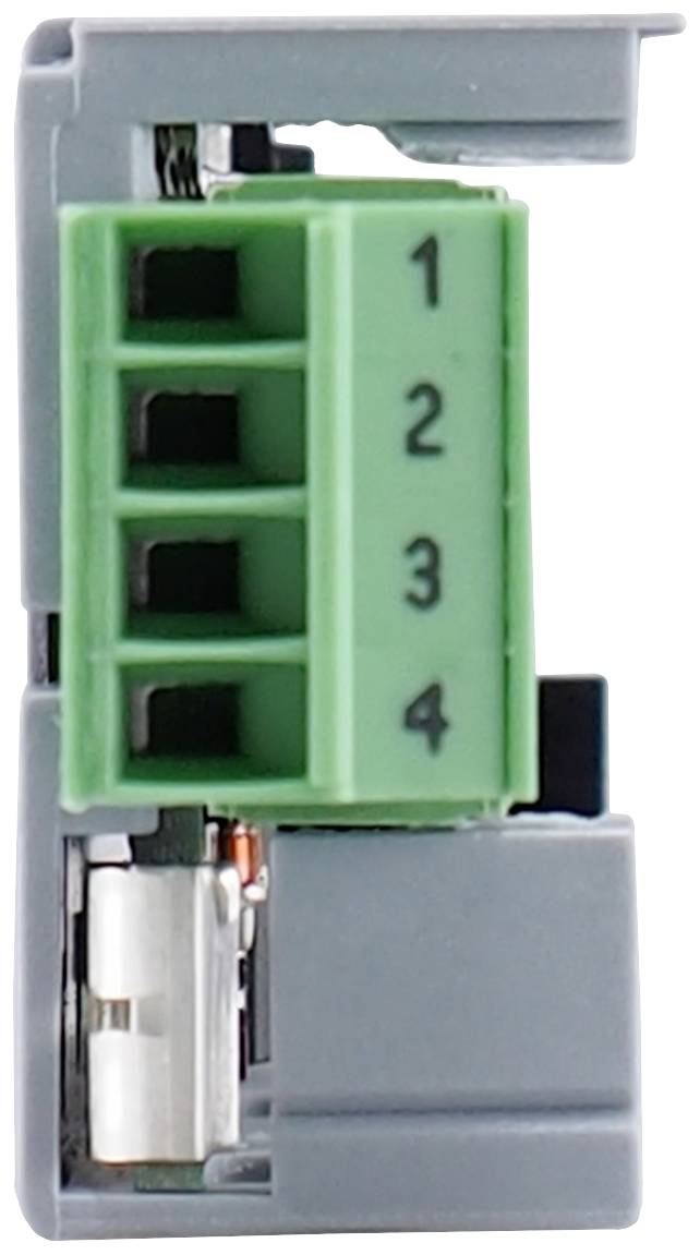 Un bloc de connexion électrique gris avec un connecteur vert, numéroté de 1 à 4, présente une option de connexion à quatre pôles.