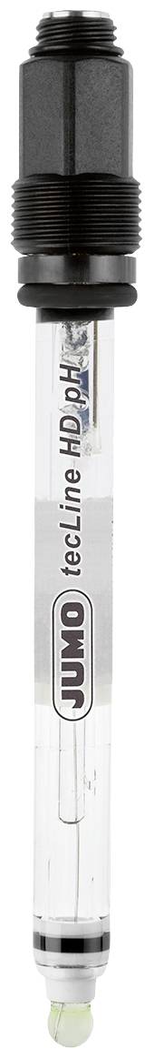 Électrode transparente avec connecteur noir en plastique et logo JUMO. Adaptée aux mesures de pH ou de conductivité dans les liquides.