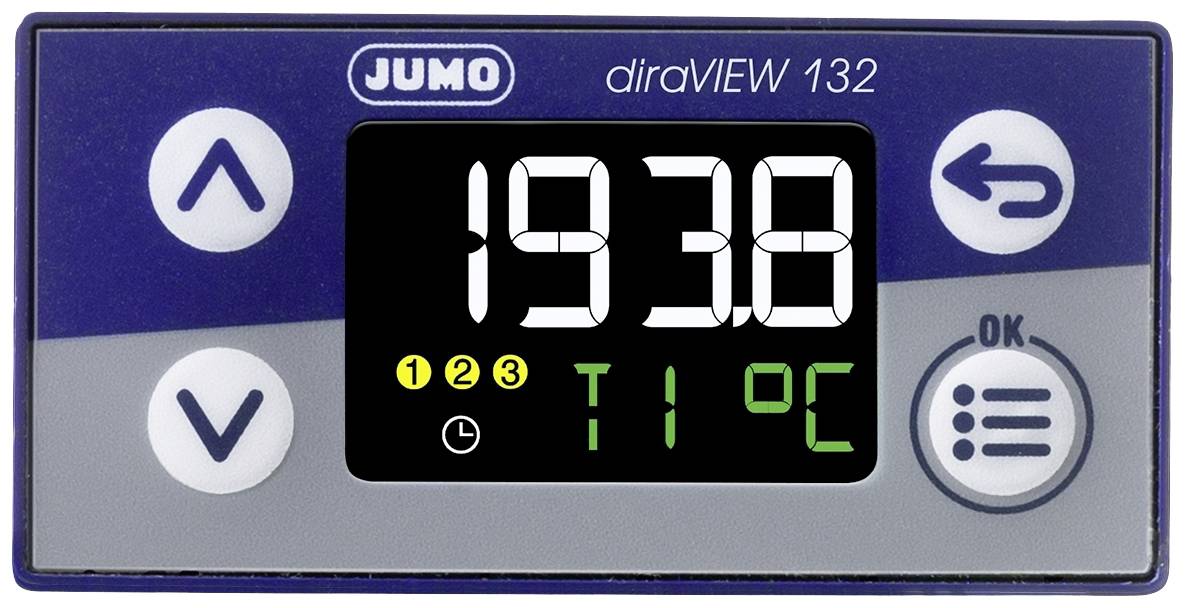 Affichage numérique d'un contrôleur JUMO diraVIEW 132 indiquant l'heure 19:38 et une température de 11°C. Les boutons de commande sont visibles.