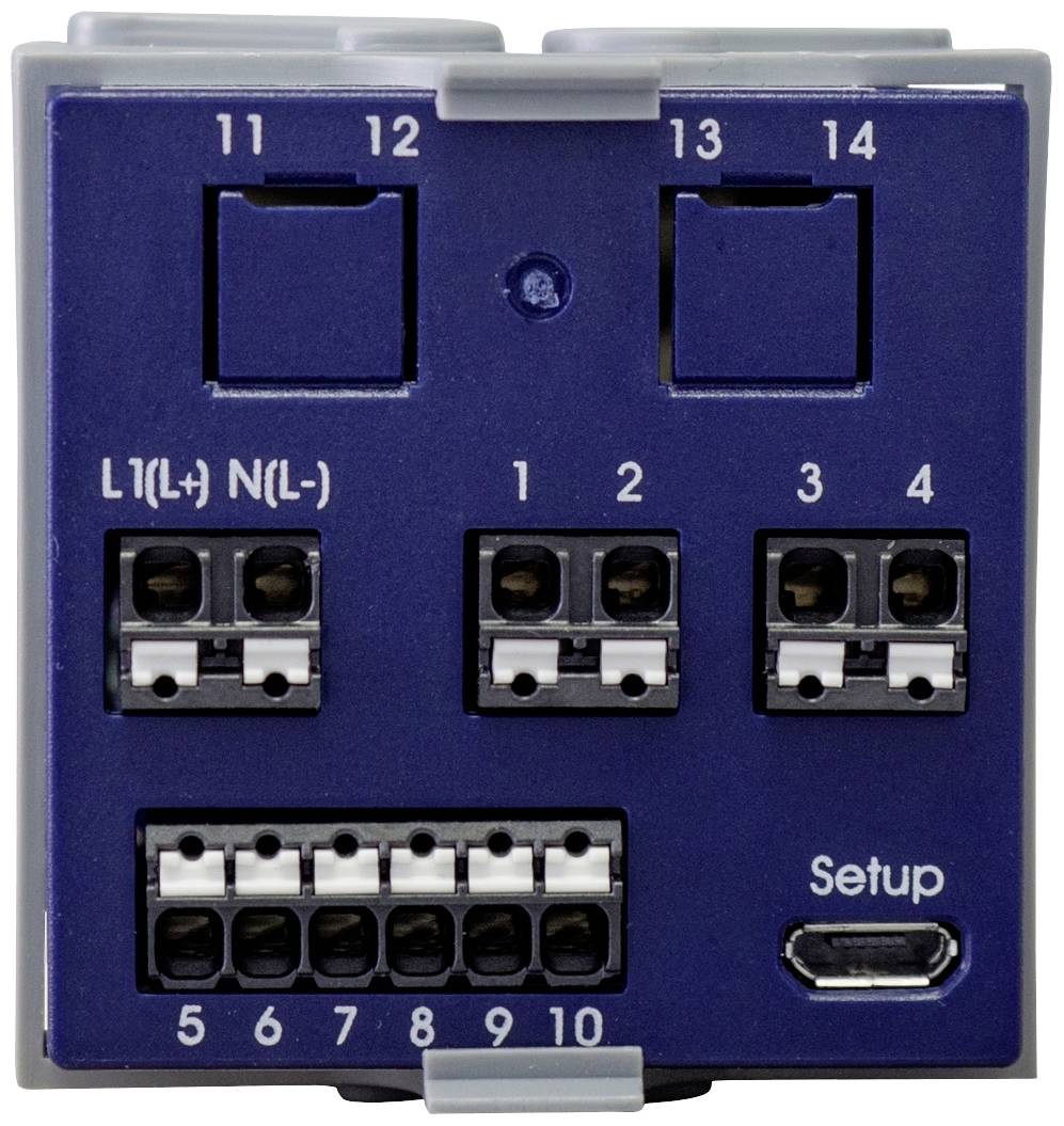 Un panneau de connexion électrique avec des bornes marquées 'L1(L+)', 'N(L-)', des bornes numérotées de 1 à 4 et un bouton 'Setup'.