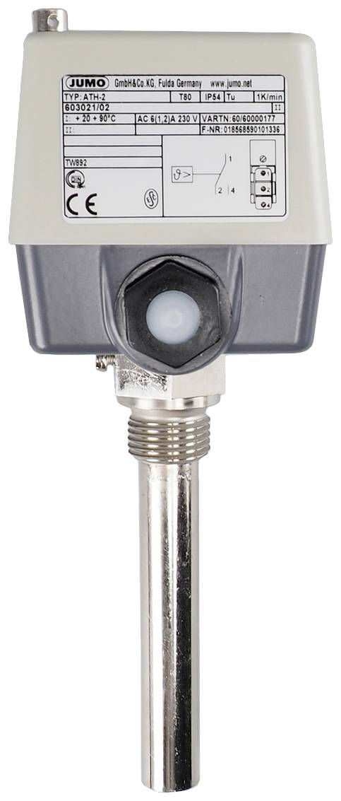L'image présente un capteur électronique de Jumo avec un boîtier métallique robuste et une connexion par connecteur. Il est conçu pour des applications industrielles.