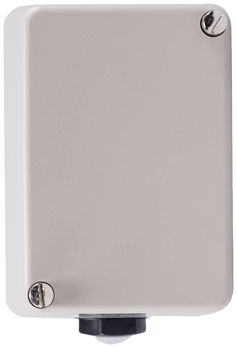 Un boîtier blanc rectangulaire aux coins arrondis, maintenu par quatre vis aux angles. Un petit capteur noir dépasse par en dessous.