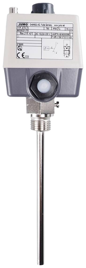 Capteur de température avec boîtier métallique et tige de sonde longue, adapté aux applications industrielles, avec détails techniques sur l'étiquette.