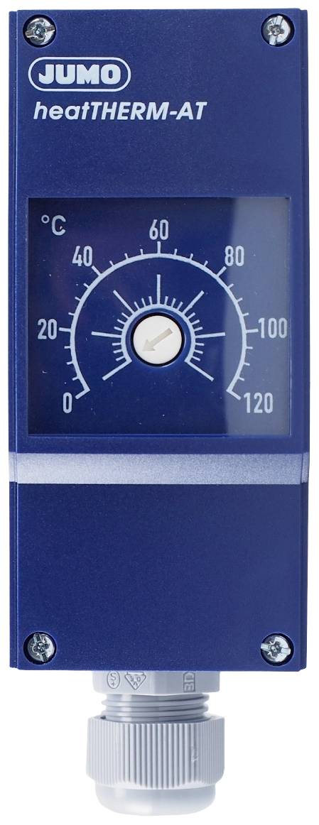 Un régulateur de température JUMO heatTHERM-AT bleu avec une échelle de 0 à 120 °C et un bouton de réglage central.