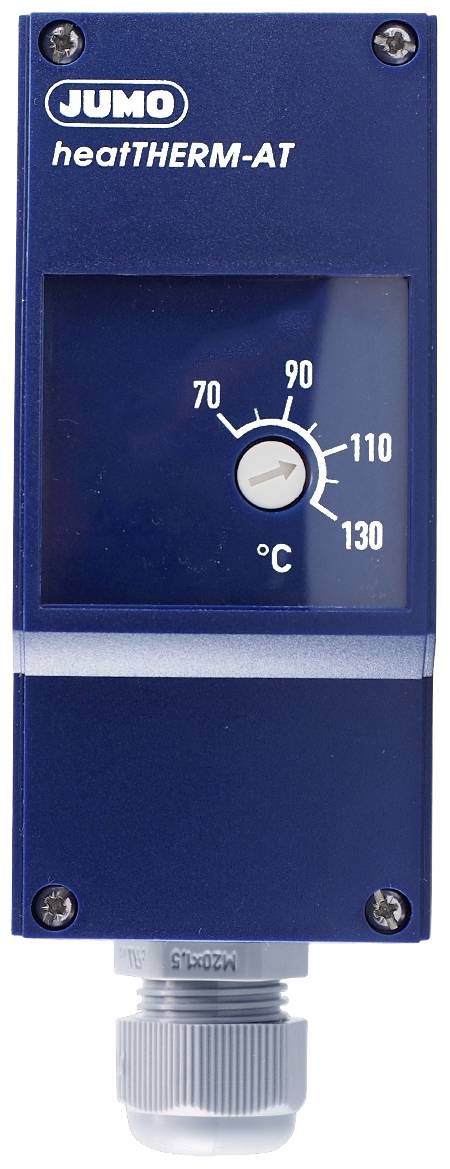 Thermostat 'heatTHERM-AT' de Jumo, boîte bleue avec un cadran de 70 à 130°C, indiquant la valeur de température actuelle.