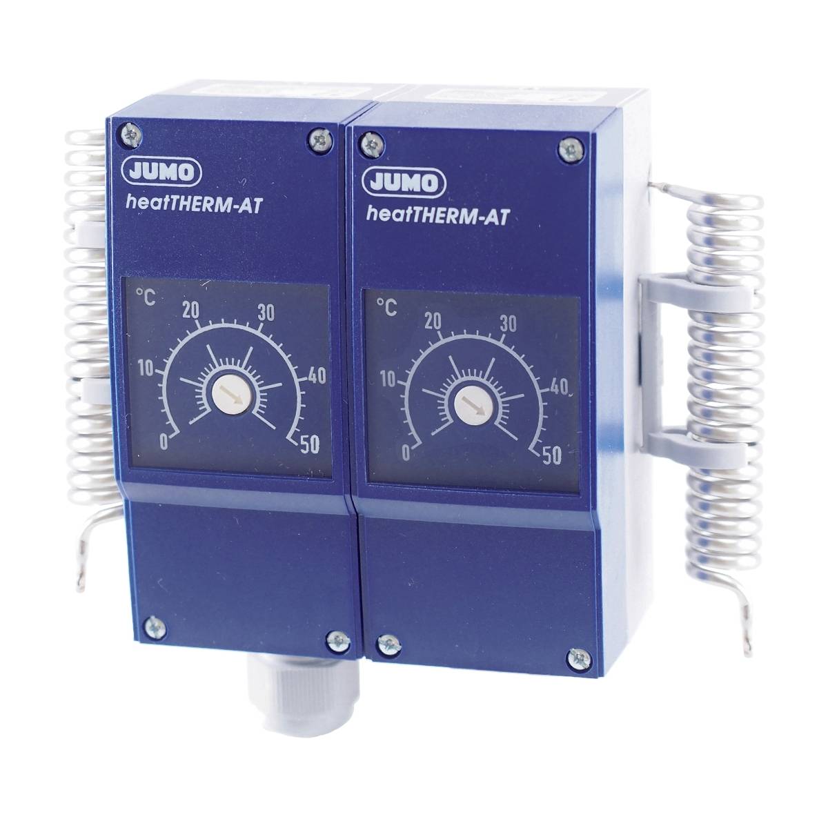 Deux thermostats bleus avec des échelles de -50° à 50°, montés sur un boîtier portant le logo Jumo. Affichage de température et régulateurs visibles.