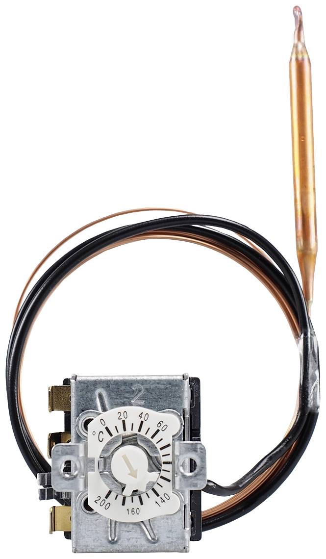 Un thermostat mécanique avec un cadran gradué de 0 à 200 degrés Celsius, relié à un capteur filaire.