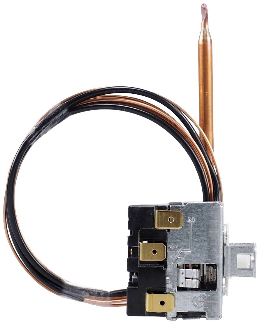 Un thermostat avec capteur en cuivre et enroulement de câble. Principalement utilisé dans les systèmes de refroidissement pour réguler la température.